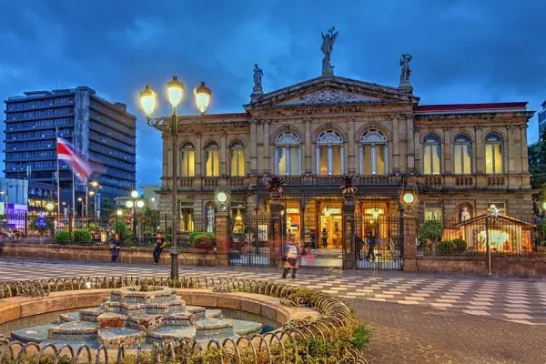 Teatro Nacional lit up at dusk in downtown San José, Costa Rica